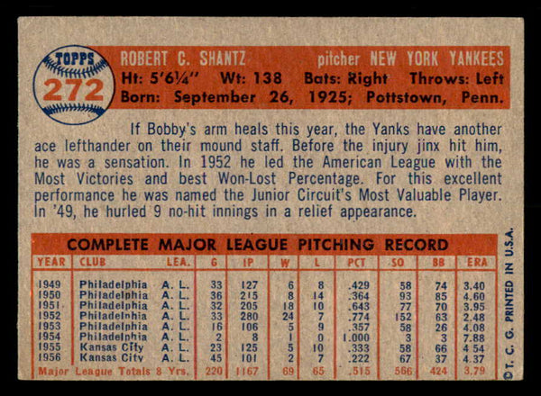1957 Topps Baseball #272 Bobby Shantz Yankees EX-MT 550611