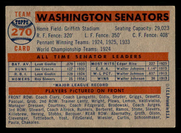1957 Topps Baseball #270 Washington Senators Team EX-MT 550612