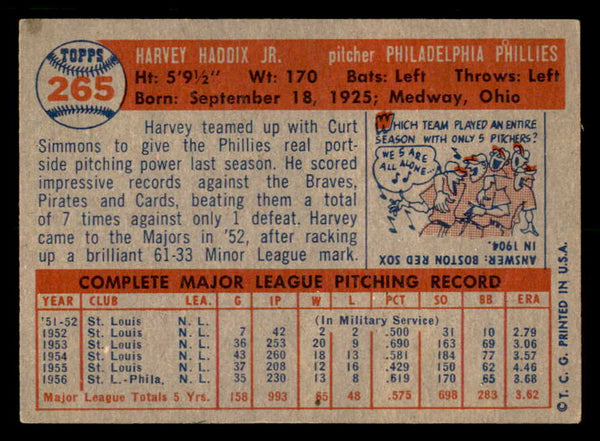 1957 Topps Baseball #265 Harvey Haddix Phillies EX-MT 550613
