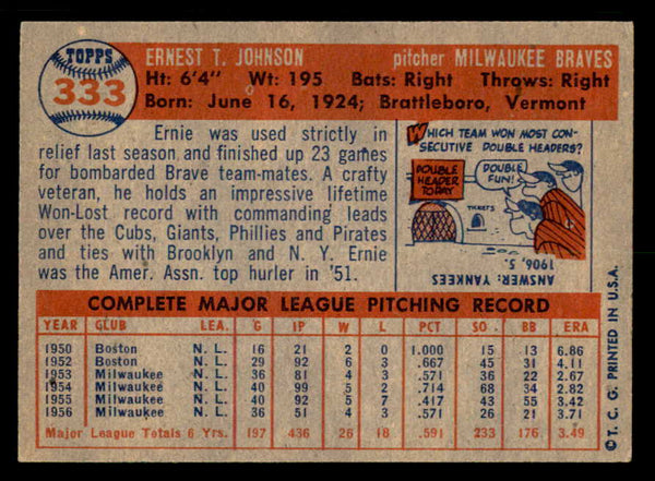1957 Topps Baseball #333 Ernie Johnson Braves EX-MT 550615