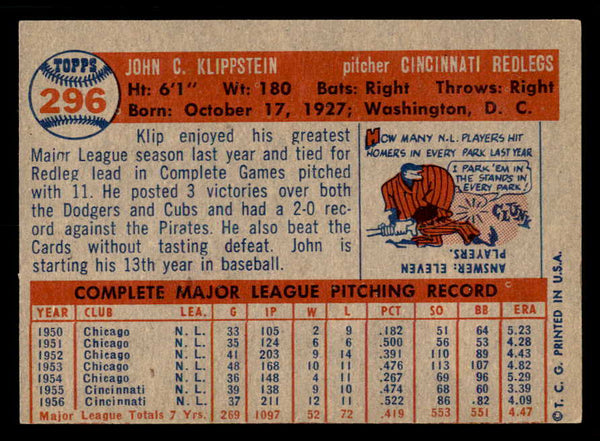 1957 Topps Baseball #296 Johnny Klippstein Reds EX-MT 550617