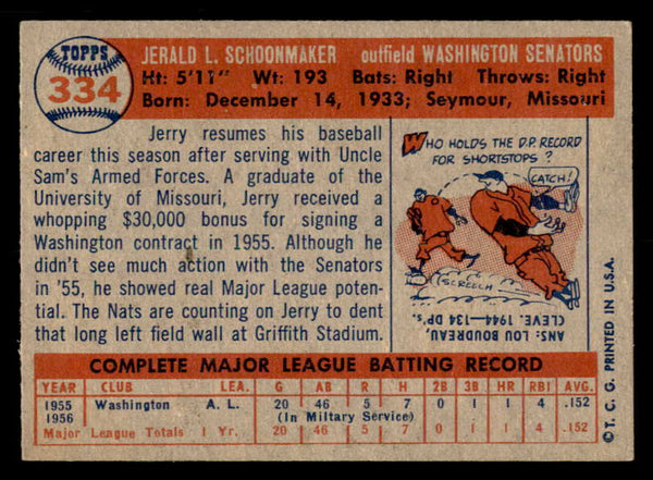 1957 Topps Baseball #334 Jerry Schoonmaker Senators EX+/EX-MT 550619