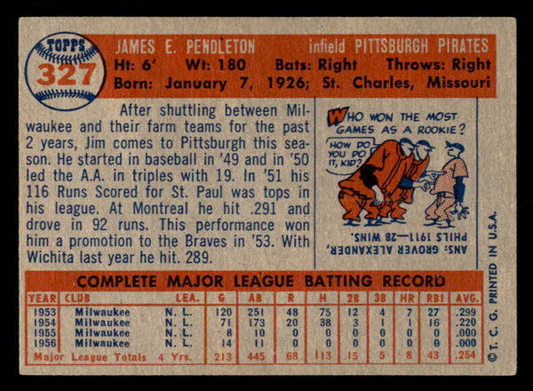 1957 Topps Baseball #327 Jim Pendleton Pirates EX+/EX-MT 550620