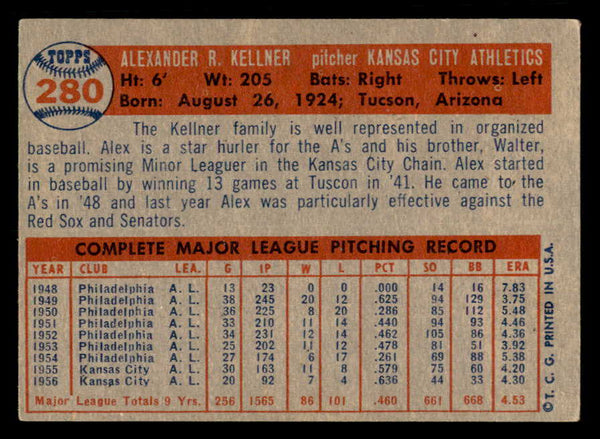 1957 Topps Baseball #280 Alex Kellner A's EX+/EX-MT 550622