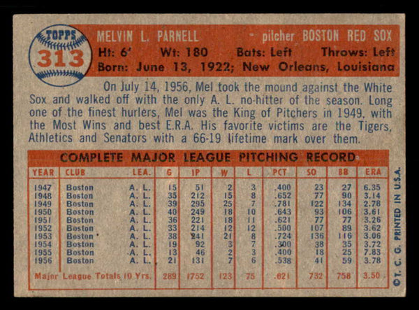 1957 Topps Baseball #313 Mel Parnell Red Sox EX+/EX-MT 550626