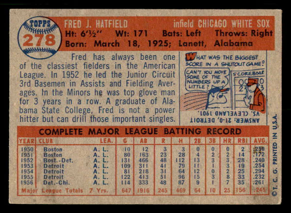 1957 Topps Baseball #278 Fred Hatfield White Sox EX+/EX-MT 550629