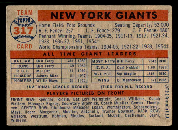 1957 Topps Baseball #317 New York Giants Team VG-EX 550632