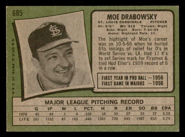1971 Topps Baseball #685 Moe Drabowsky Cardinals VG-EX 550636