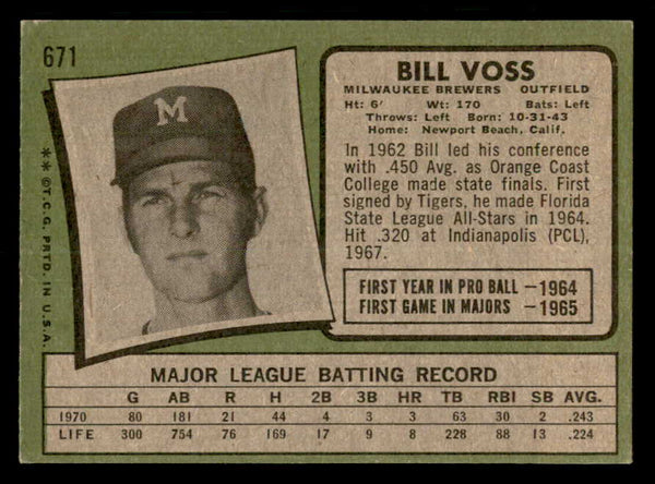 1971 Topps Baseball #671 Bill Voss Brewers VG-EX 550638