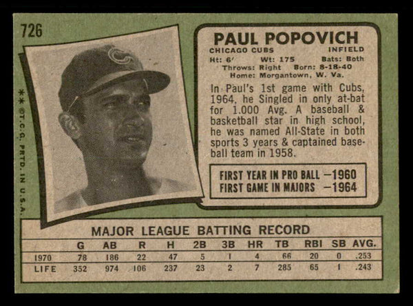 1971 Topps Baseball #726 Paul Popovich Cubs EX-MT 550653