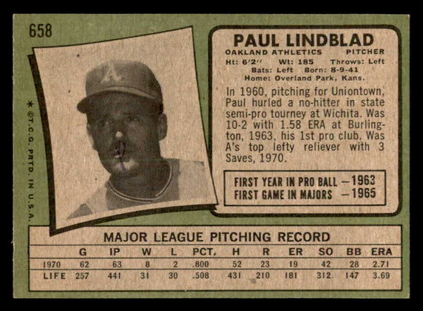 1971 Topps Baseball #658 Paul Lindblad A's EX-MT 550669