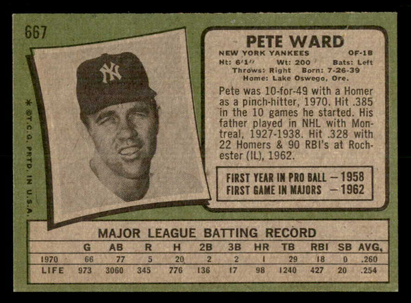 1971 Topps Baseball #667 Pete Ward Yankees EX-MT 550673