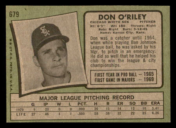 1971 Topps Baseball #679 Don O'Riley White Sox EX-MT 550676