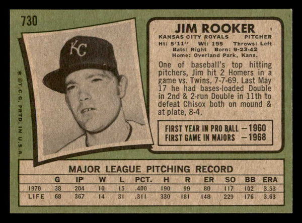 1971 Topps Baseball #730 Jim Rooker Royals NR-MT 550698