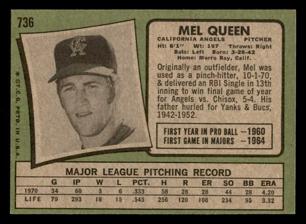1971 Topps Baseball #736 Mel Queen Angels NR-MT 550700