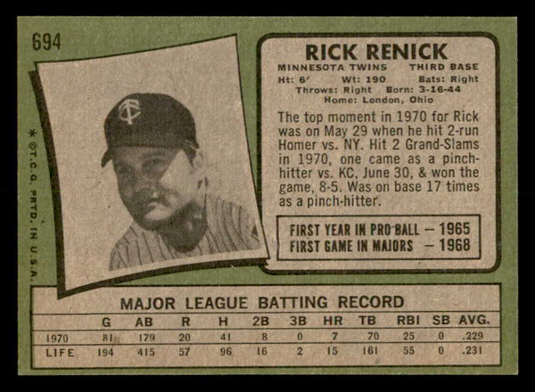 1971 Topps Baseball #694 Rick Renick Twins NR-MT 550717