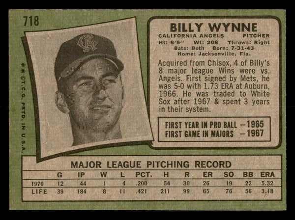 1971 Topps Baseball #718 Billy Wynne Angels NR-MT 550729