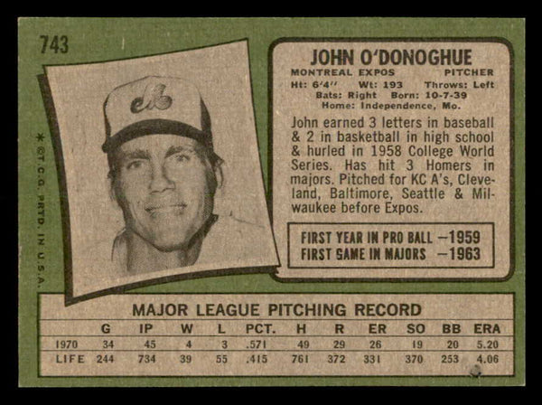 1971 Topps Baseball #743 John O'Donoghue Expos NR-MT 550731