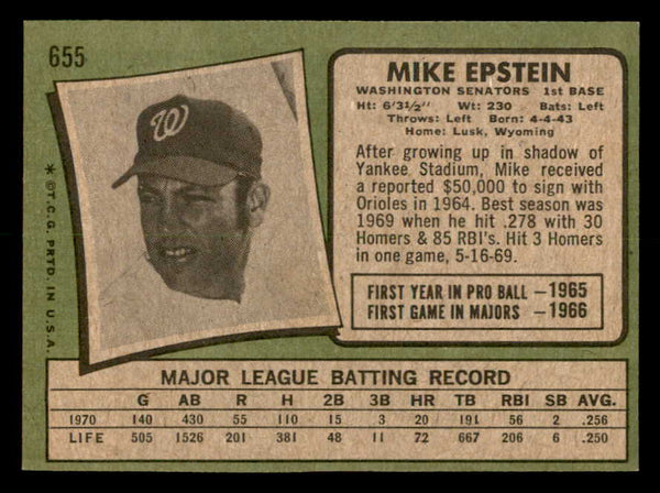 1971 Topps Baseball #655 Mike Epstein Senators NR-MT 550735