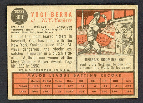 1962 Topps Baseball #360 Yogi Berra Yankees EX 550738