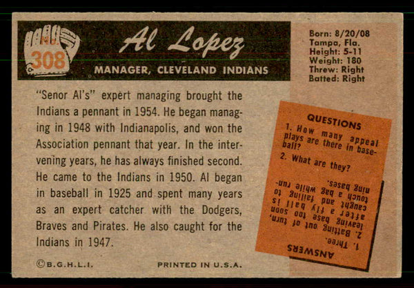 1955 Bowman Baseball #308 Al Lopez Indians EX 550746