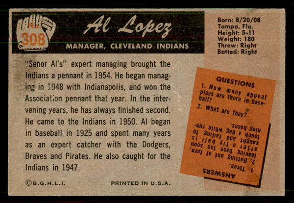 1955 Bowman Baseball #308 Al Lopez Indians VG-EX 550747