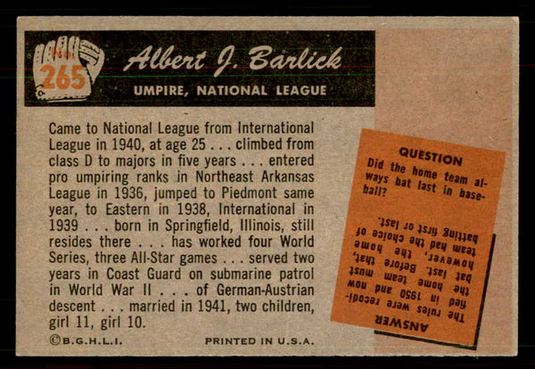 1955 Bowman Baseball #265 Al Barlick Umpire EX-MT 550749
