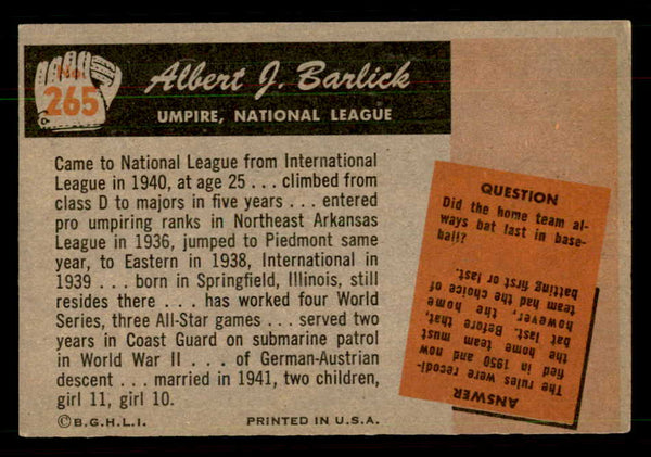 1955 Bowman Baseball #265 Al Barlick Umpire EX 550750