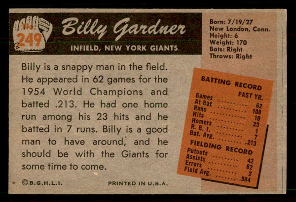 1955 Bowman Baseball #249 Billy Gardner Giants EX-MT 550760