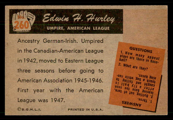 1955 Bowman Baseball #260 Edwin Hurley Umpire EX-MT 550774