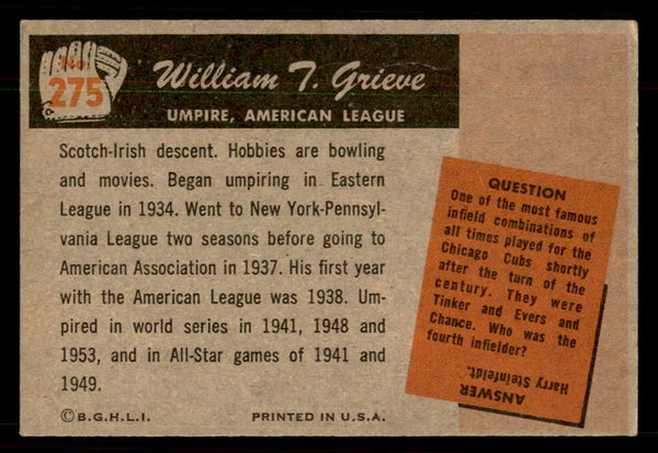 1955 Bowman Baseball #275 William Grieve Umpire EX-MT 550775