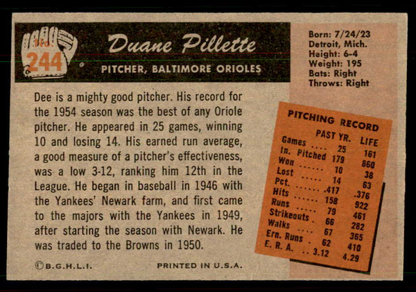 1955 Bowman Baseball #244 Duane Pillette Orioles EX 550777