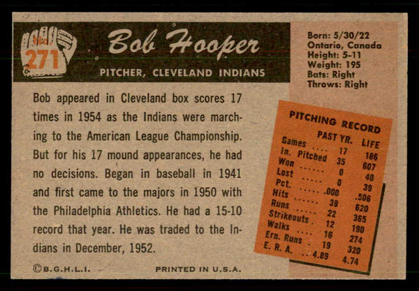 1955 Bowman Baseball #271 Bob Hooper Indians EX 550785