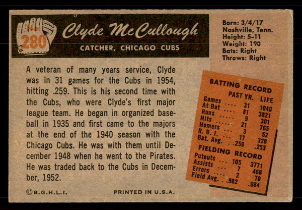 1955 Bowman Baseball #280 Clyde Mccullough Cubs EX 550787