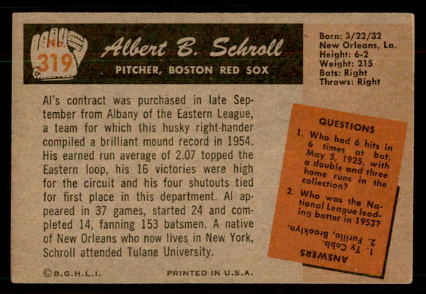 1955 Bowman Baseball #319 Al Schroll Red Sox EX 550794