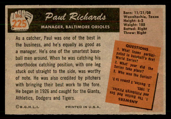 1955 Bowman Baseball #225 Paul Richards Orioles EX 550795