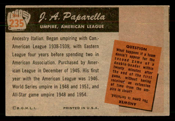 1955 Bowman Baseball #235 J.A. Paparella Umpire EX 550801