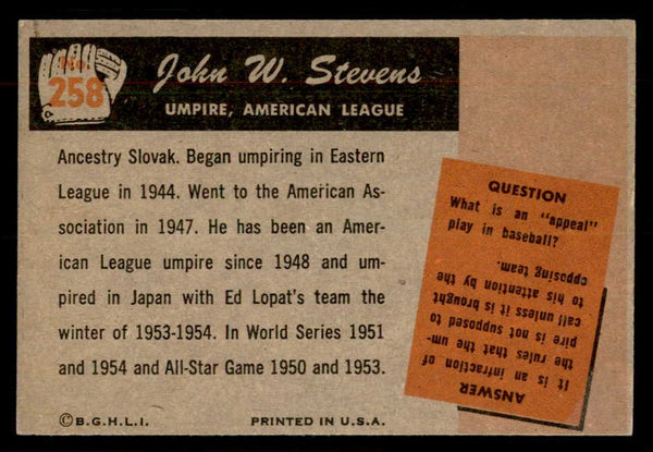 1955 Bowman Baseball #258 John Stevens Umpire EX 550804