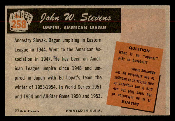 1955 Bowman Baseball #258 John Stevens Umpire EX 550805
