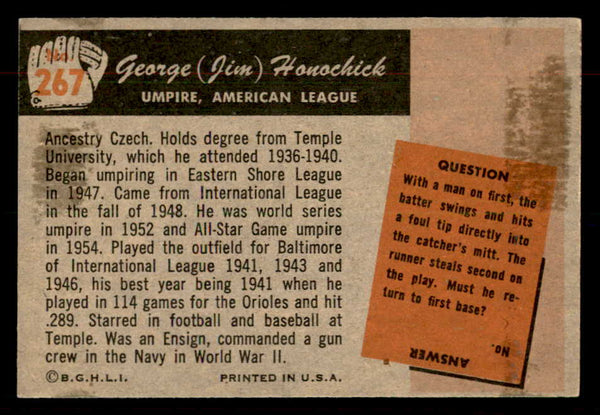 1955 Bowman Baseball #267 Jim Honochick Umpire EX 550808