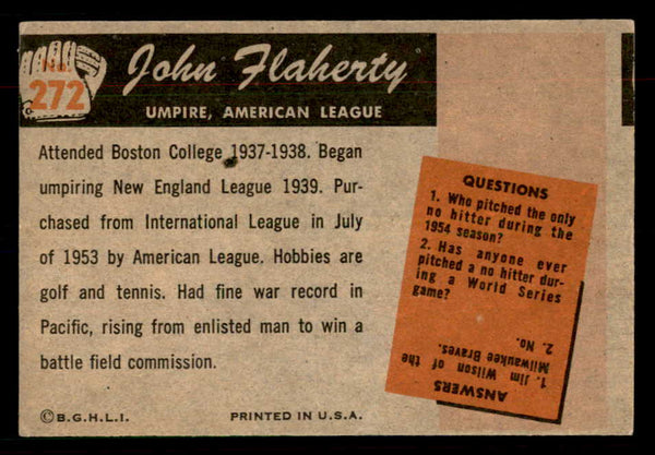 1955 Bowman Baseball #272 John Flaherty Umpire EX 550809