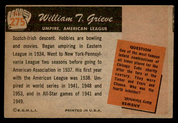 1955 Bowman Baseball #275 William Grieve Umpire EX 550811