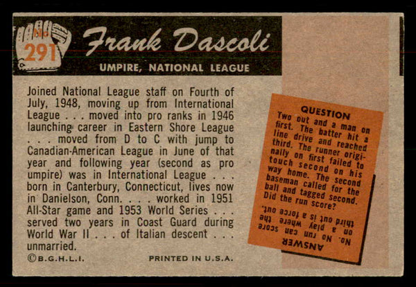 1955 Bowman Baseball #291 Frank Dascoli Umpire EX 550816