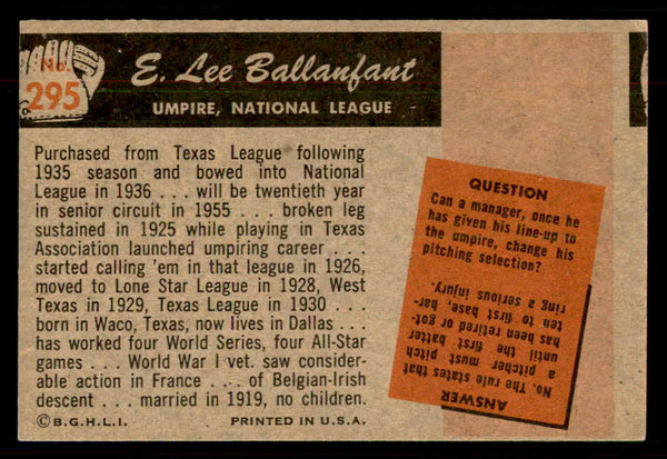 1955 Bowman Baseball #295 E. Lee Ballanfant Umpire EX 550817