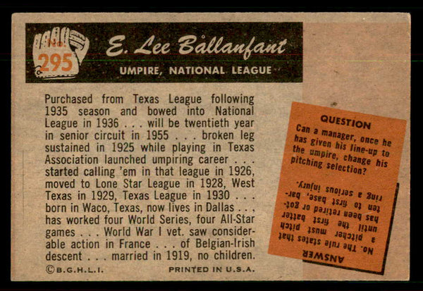 1955 Bowman Baseball #295 E. Lee Ballanfant Umpire EX 550818