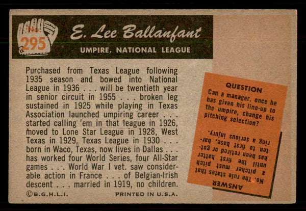 1955 Bowman Baseball #295 E. Lee Ballanfant Umpire EX 550819