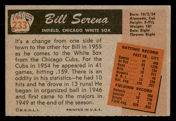 1955 Bowman Baseball #233 Bill Serena White Sox VG-EX 550825