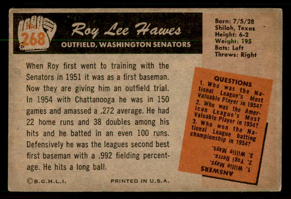 1955 Bowman Baseball #268 Roy Hawes Senators VG-EX 550839