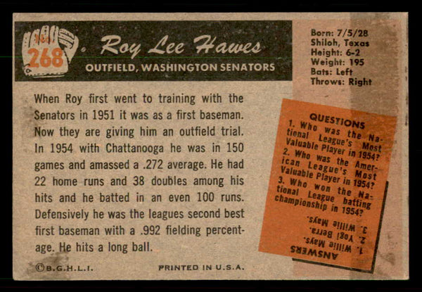 1955 Bowman Baseball #268 Roy Hawes Senators VG-EX 550840