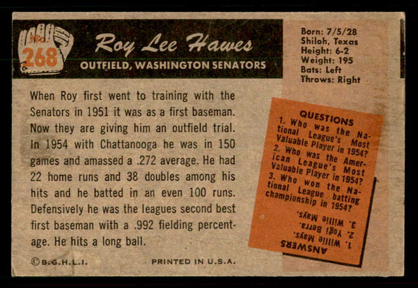 1955 Bowman Baseball #268 Roy Hawes Senators VG-EX 550841